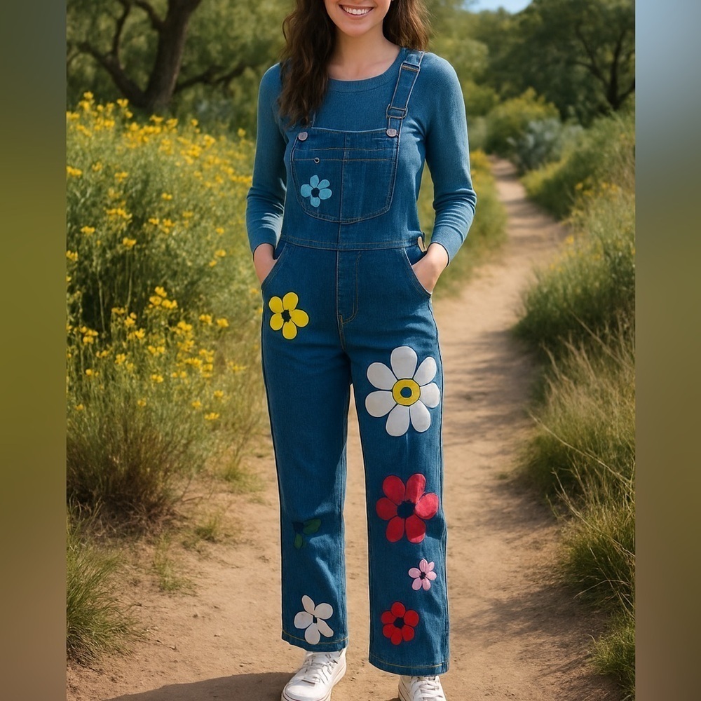 Misslook Painted Flowers Denim Bib Overalls Women Size Medium Casual Boho Hippie - Picture 7 of 7